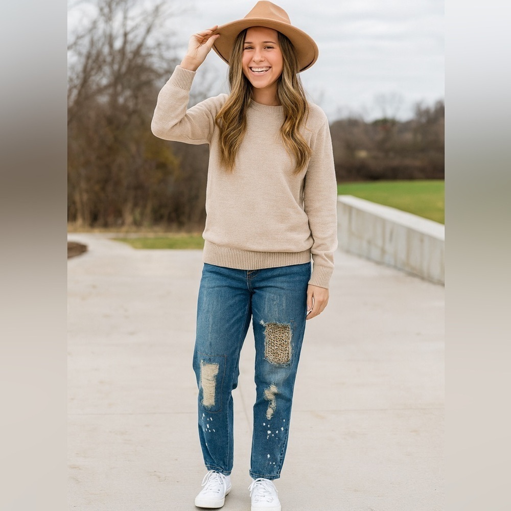 Distressed Boutique Blue Jeans with Leopard Patch